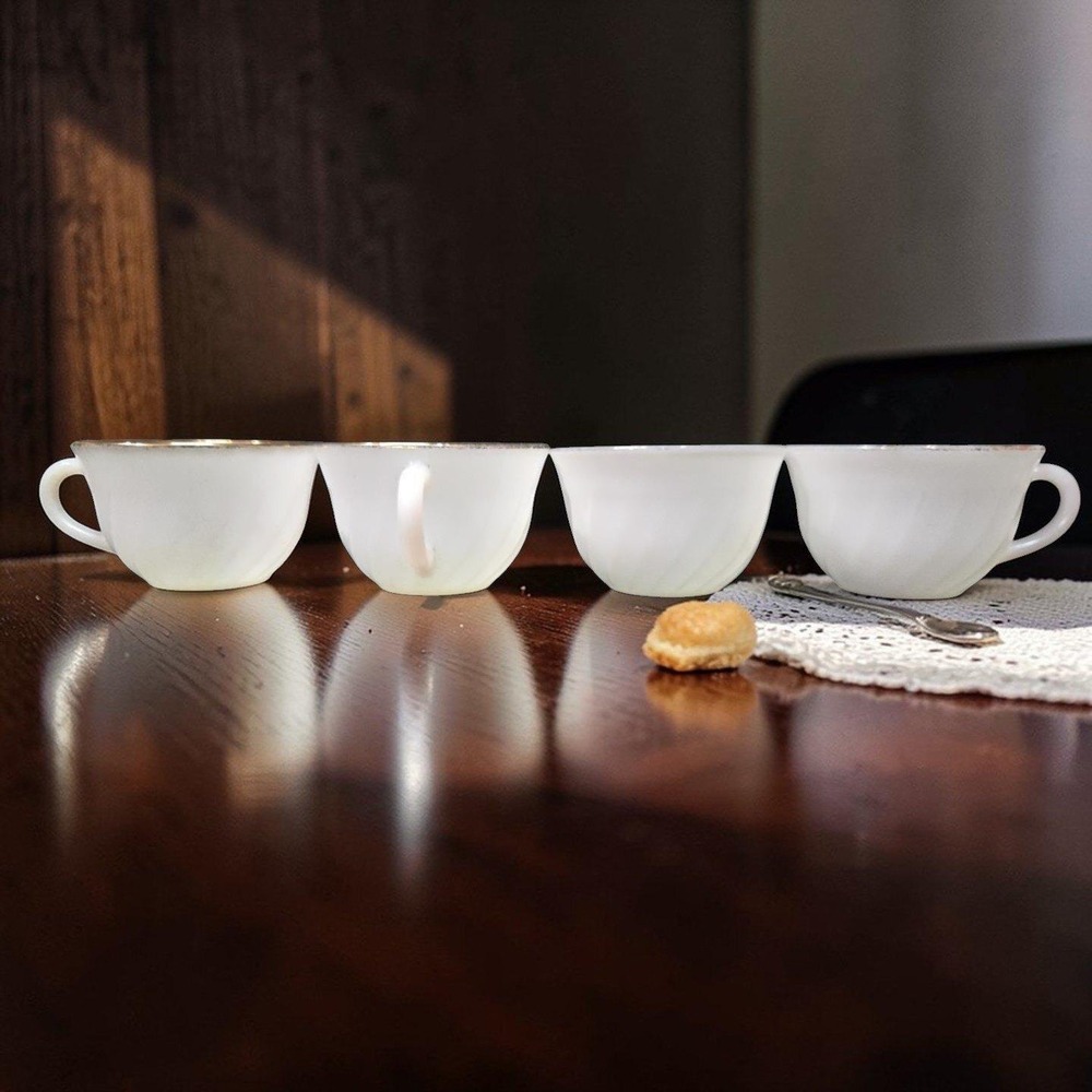 Anchor Hocking Fire King Milk Glass Teacups, Set of 4, Vintage Gold Rimmed Mugs
